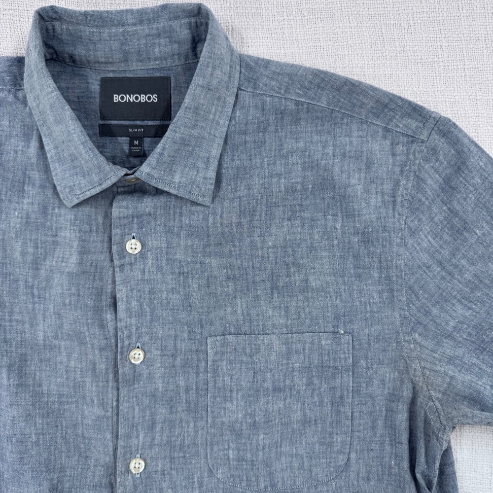 Bonobos Slim Fit Linen Mens Medium Popover Shirt Short Sleeve Blue